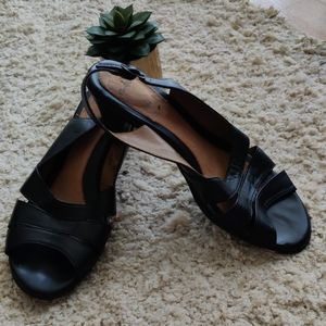 Black leather sandal heels.